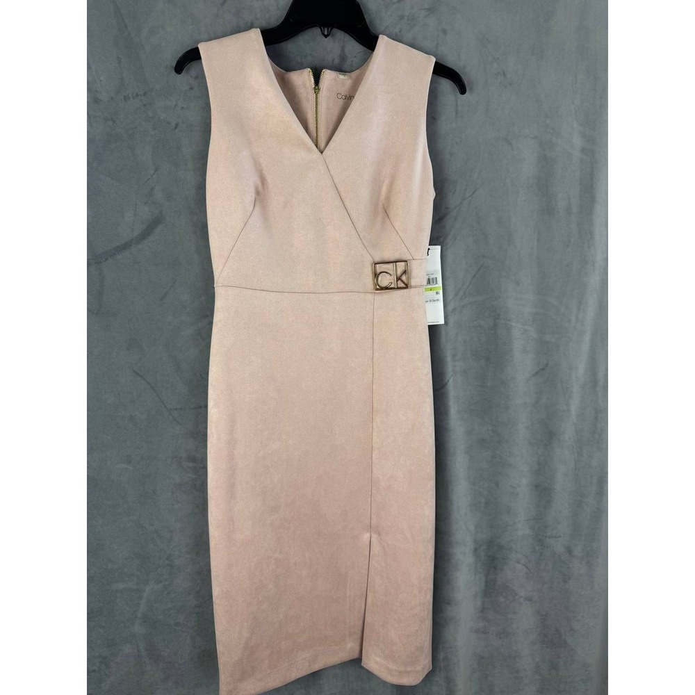 Calvin Klein Buckled Sheath Dress Size 4 Dusty Rose Pink V-Neck New With Tags‎